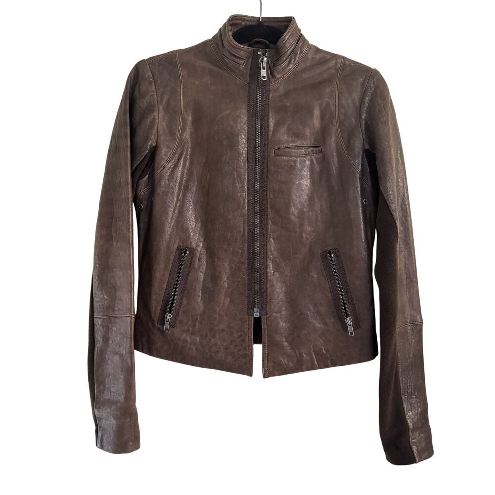 VEDA‎ Brown Leather Moto Jacket Cropped Zip Front Stretch Panel Women’s XS